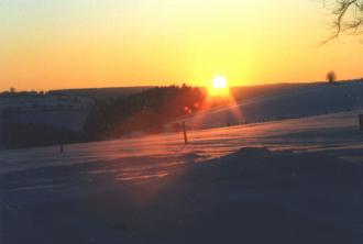 Die Abendsonne taucht die winterliche Eifel in ein goldenes Licht